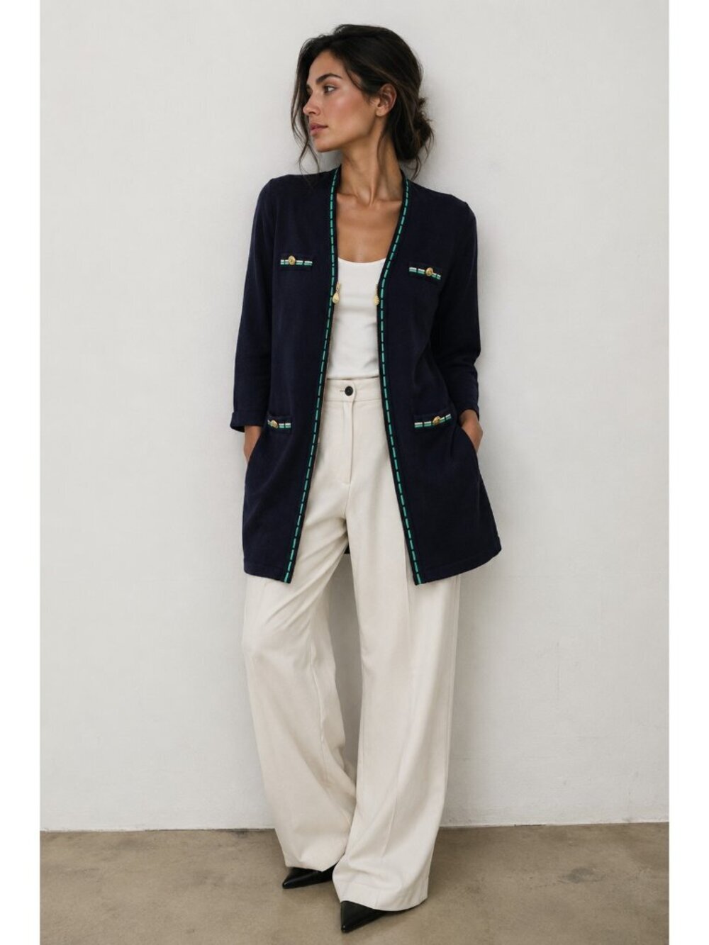 ARA Golf Cardigan Sweater Women’s 12/ EU 40 Navy Green Trim Full Zip Wool Blend